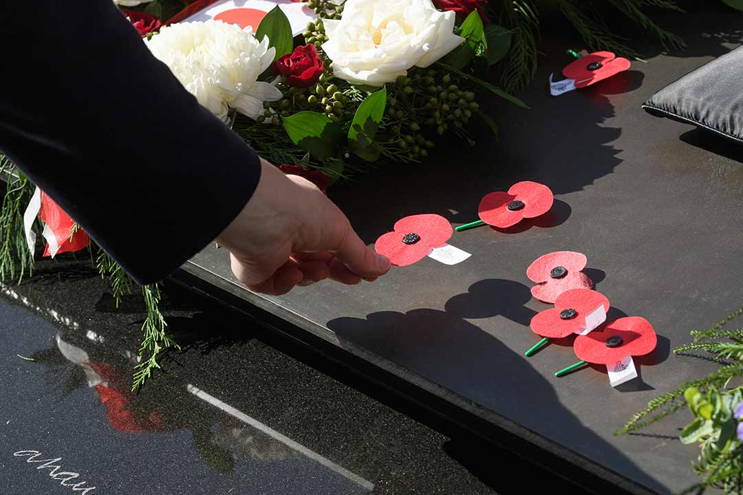 A person's hand holding a red anzac poppy placing it on a the Tomb of the Unknown Warrior, there are other flowers and poppies already on the tomb.