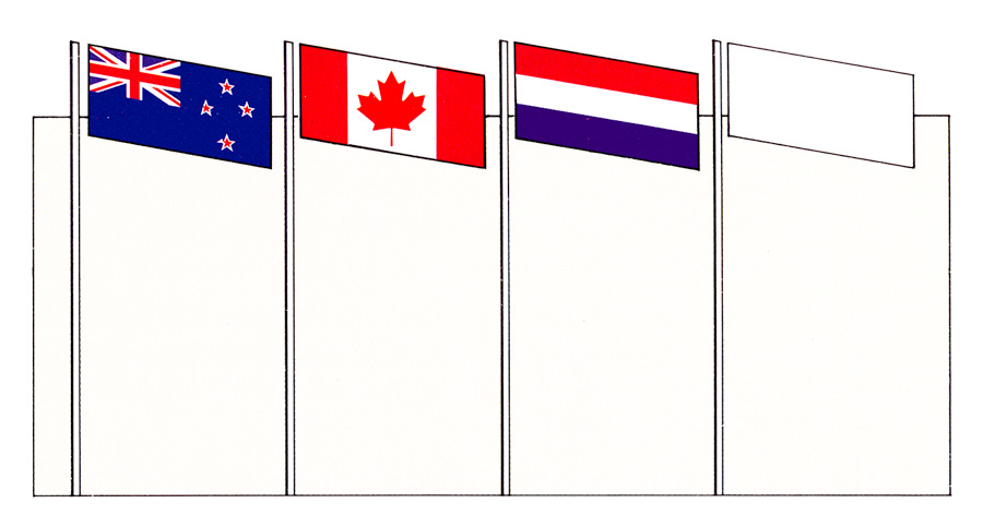 Four flags with NZ on far left then Canada, Netherlands and house flags to the right