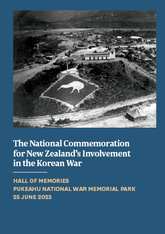 Cover of commemoration booklet featuring a giant image of a kiwi on a hill