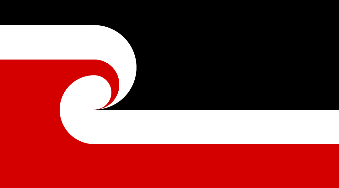 Tino rangatiratanga flag - a white koru pattern bisects Black and Red blocks of colour